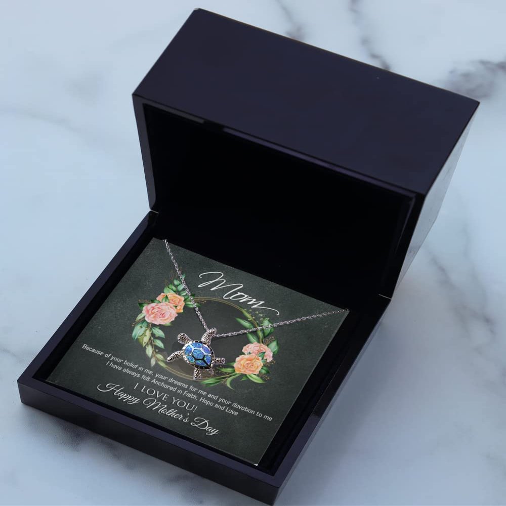 Opal Turtle Necklace Luxury Box Opal Turtle Pendant Necklace for Mom, Necklace from Son/Daughter, Message Card Jewelry for Mom