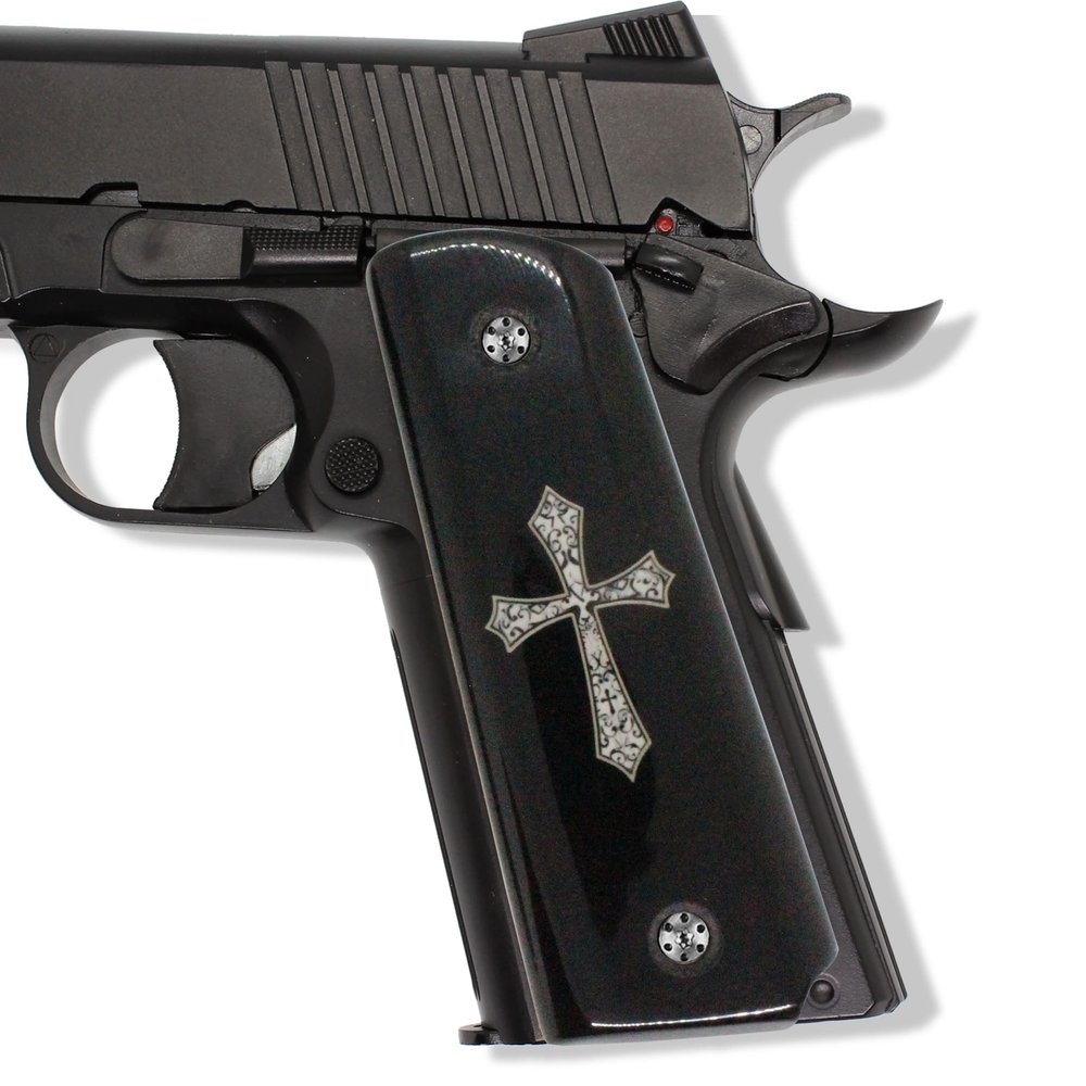 URAY 1911 Full Size Grips, Super Quality Acrylic Plexi and Christian Cross Gun Grips - Premium Pistol Grip Accessories for Colt Kimber Taurus Remington Ruger and All 1911 Government Models