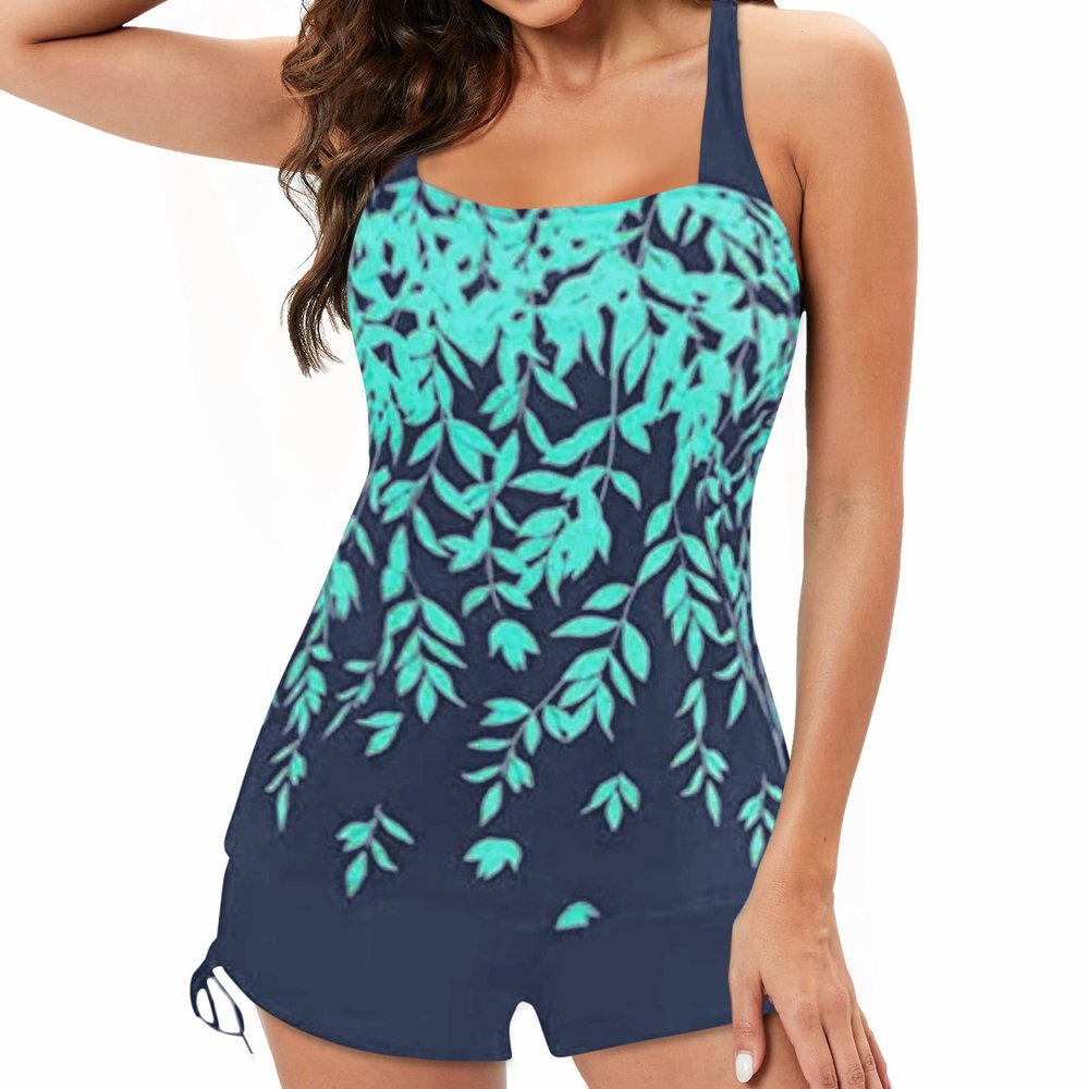 QWENTMTNTY Tankini Bathing Suits for Women Tummy Control Two Piece Retro Swimsuit Boyshorts Spaghetti Straps Swimming Wear C-Green