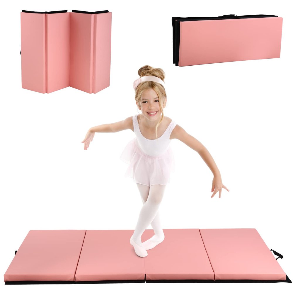 BLKMTY Gymnastics Mats, 4'x6'x2'' Folding Exercise Mat Gym Yoga Aerobics Fitness Mats Kids' Gymnastics Tumbling Mat with Carrying Handles for Home Gym Exercise&Play Gym, Pink