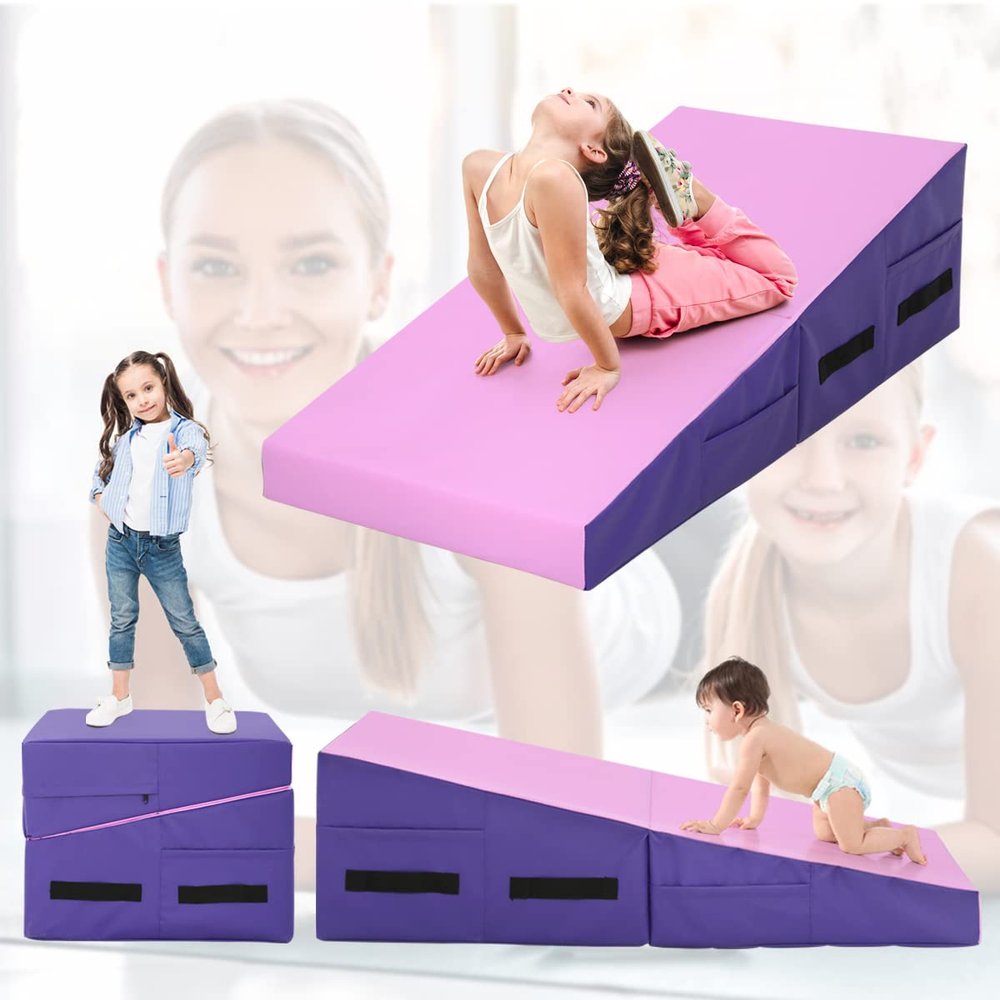 BLKMTY Incline Gymnastics Mat Gym Fitness Tumbling Mats 48"x24" Gymnastics Cheese Wedge Mat for Kids Folding Exercise Yoga Mats for Kids Play Home Aerobics, Pink