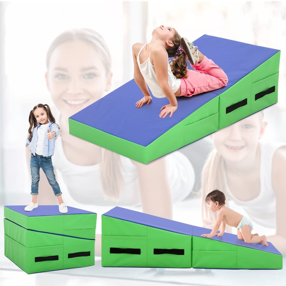 BLKMTY Incline Gymnastics Mat Gym Fitness Tumbling Mats 48"x24" Gymnastics Cheese Wedge Mat for Kids Folding Exercise Yoga Mats for Kids Play Home Aerobics, Blue