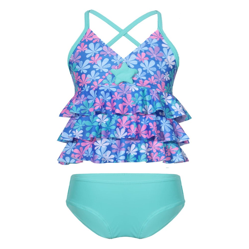 easyforever 2PCS Kids Girls Swimsuit Swimwear Tankini Mermaid Scales Printed Starfish Swim Tops with Briefs Green 3 Years