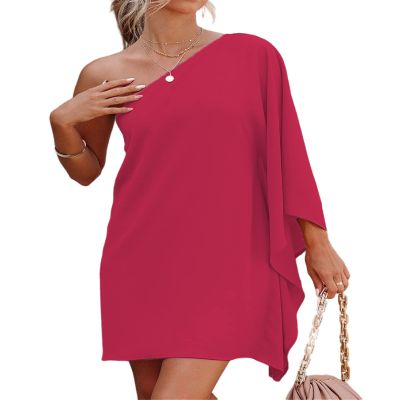 Jhsnjnr Women's Casual Cocktail Dress Sexy One Shoulder Mini Dress Summer Vacation Beach Dresses Rose Red