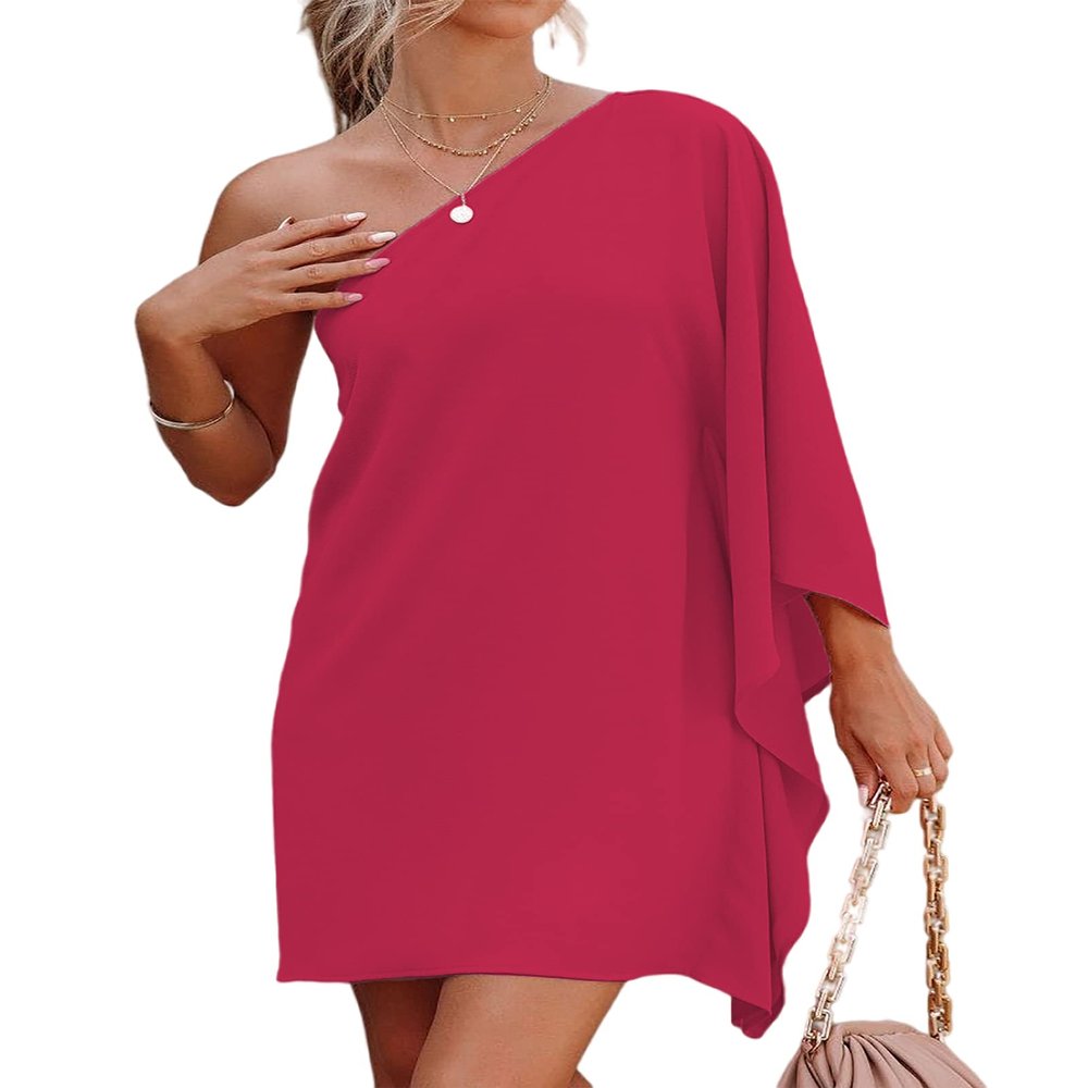 Jhsnjnr Women's Casual Cocktail Dress Sexy One Shoulder Mini Dress Summer Vacation Beach Dresses Rose Red
