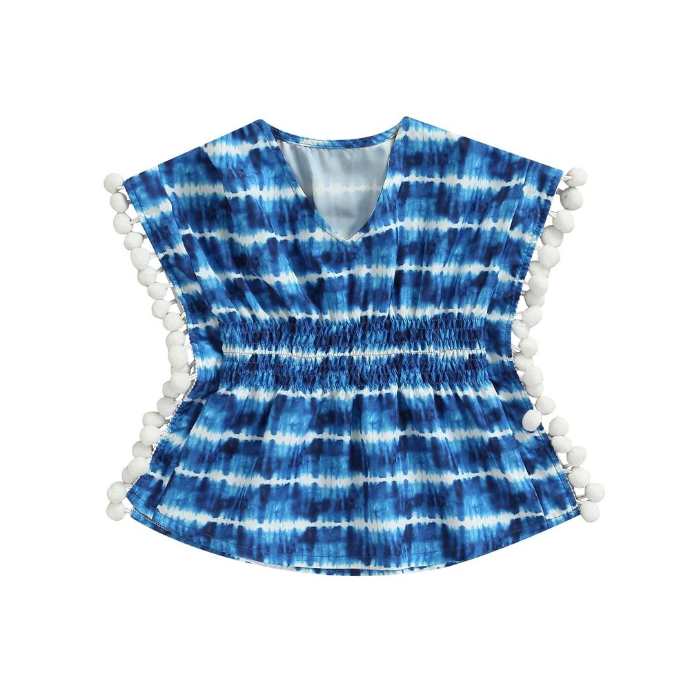 Tiacham Toddler Baby Girls Swimsuit Coverup Beach Dresses Tassels Cover Up Pompom Poncho Rash Guards (Z Blue, 2-3T)