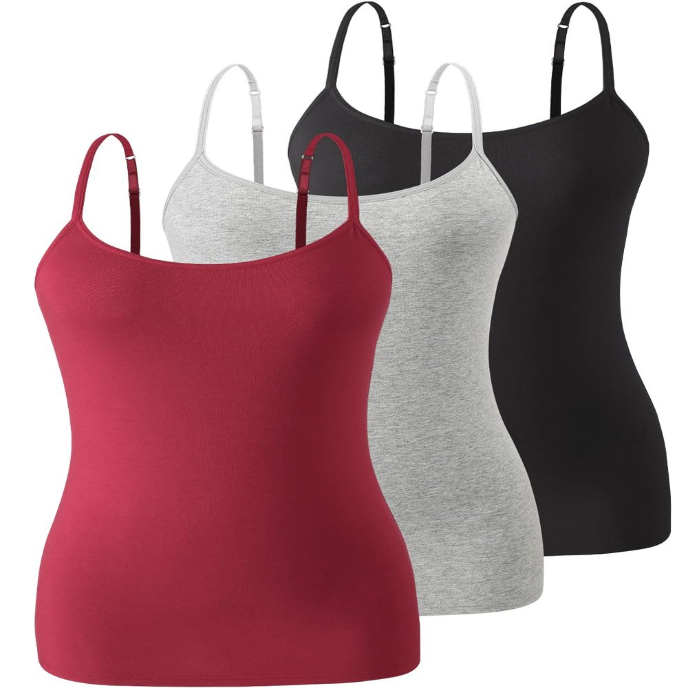 Air Curvey 3 Pack Camisole Tops for Women Built in Bra Adjustable Spaghetti Strap Soft Cotton Undershirt Tanks Seamless Layering Tops Black Gray Wine Red XL