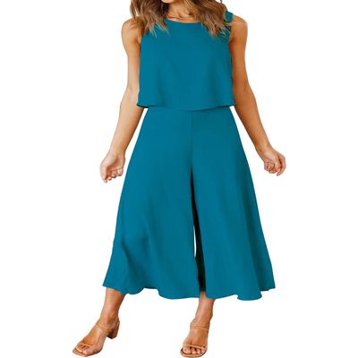 ROYLAMP Women's Summer 2 Piece Outfits Round Neck Crop Basic Top Cropped Wide Leg Pants Set Jumpsuits Lake Blue X-Large