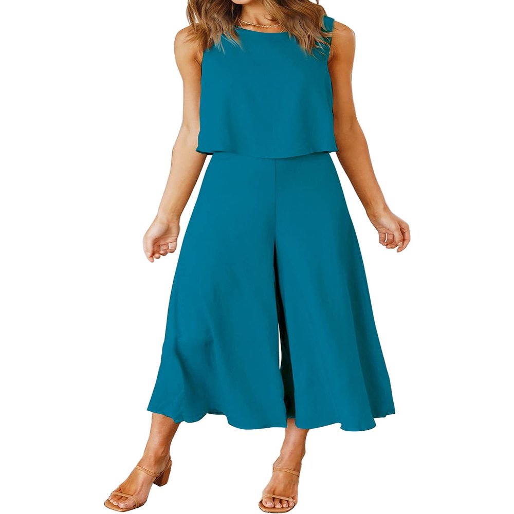 ROYLAMP Women's Summer 2 Piece Outfits Round Neck Crop Basic Top Cropped Wide Leg Pants Set Jumpsuits Lake Blue X-Large