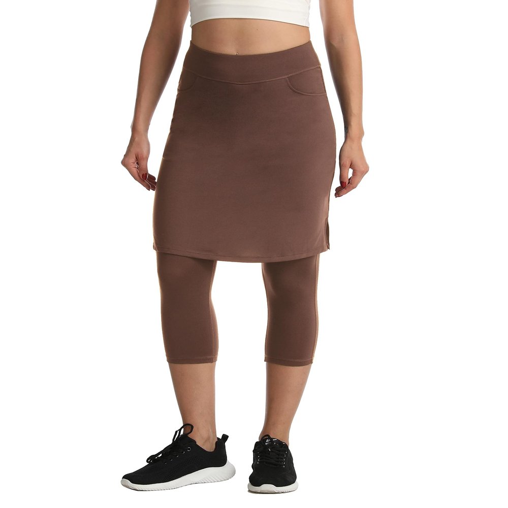 Modest Skirt with Leggings Attached for Women Workout Knee Length Swim Capri Pants with 2 Pockets cf m Coffee