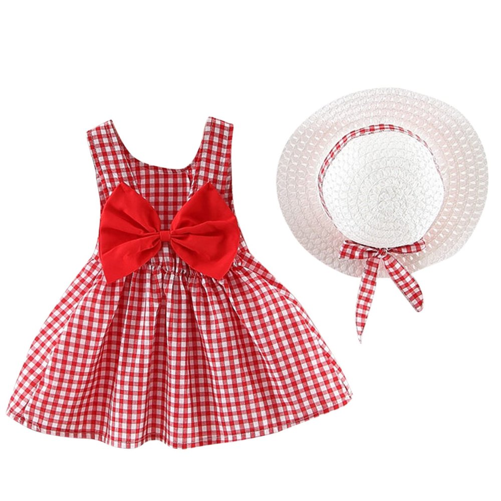 2PCS Summer Baby Girls Clothes Outfit Sets Toddler Bow Floral Plaid Print Sundress Sleeveless Dress + Hat Set 0-3 Years (Red, 18-24 Months)
