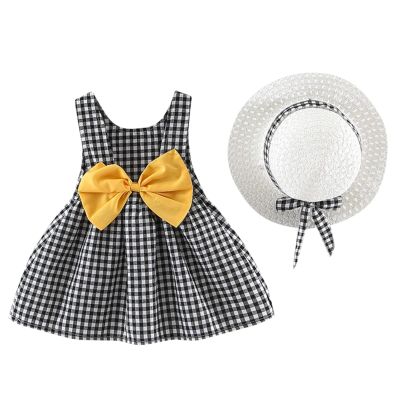 2PCS Summer Baby Girls Clothes Outfit Sets Toddler Bow Floral Plaid Print Sundress Sleeveless Dress + Hat Set 0-3 Years (Black, 2-3 Years)