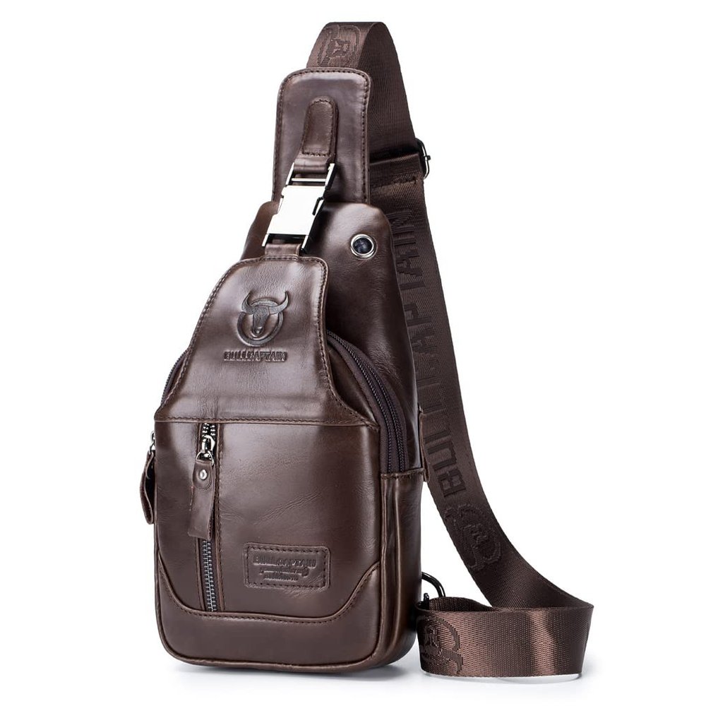 Leather Sling Chest Bag Crossbody Backpack for Men Women Outdoor Travel Camping Hiking Shoulder Day Pack Casual Daypack(Coffee)