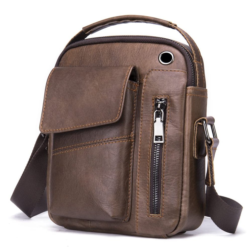 Leather Shoulder Crossbody Bag for Men Business Messenger Briefcase Handbag Phone Wallet Tote Casual Daypack with Phone Cable Hole (Coffee)