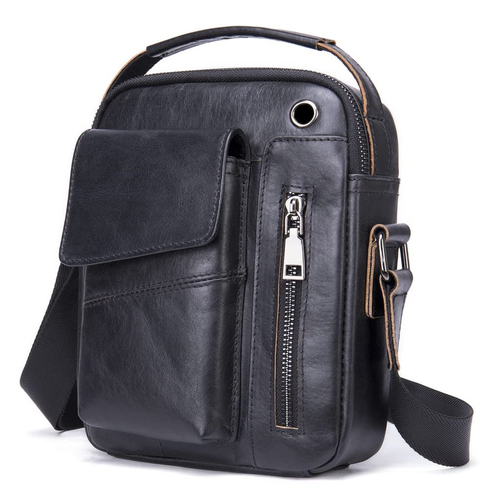 Leather Shoulder Crossbody Bag for Men Business Messenger Briefcase Handbag Phone Wallet Tote Casual Daypack with Phone Cable Hole (Black)