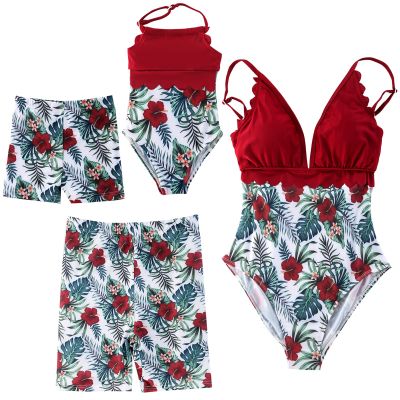 Family Matching Swimsuits Mom and Me One-Piece Swimwear Couples Bathing Suit Leaves Floral Print Beachwear