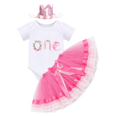 Baby Girl's First Birthday Outfit Flower Printed Cotton Short Sleeve Romper Bodysuit Princess Tutu Tulle Lace Skirt Crown Headband 3pcs Set One Year Old Party Cake Smash Photo Props Pink One