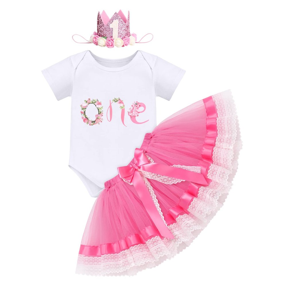 Baby Girl's First Birthday Outfit Flower Printed Cotton Short Sleeve Romper Bodysuit Princess Tutu Tulle Lace Skirt Crown Headband 3pcs Set One Year Old Party Cake Smash Photo Props Pink One