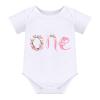 Baby Girl's First Birthday Outfit Flower Printed Cotton Short Sleeve Romper Bodysuit Princess Tutu Tulle Lace Skirt Crown Headband 3pcs Set One Year Old Party Cake Smash Photo Props Pink One view 2
