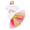 Baby Girl 1st First Birthday Cake Smash Outfit Flower Printed Golden One Cotton Short Sleeve Romper Bodysuit Princess Tutu Tulle Skirt Crown Headband 3pcs Set Photo Props Yellow 1 Year view 1