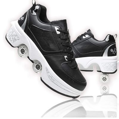Deformation Roller Shoes Male and Female Skating Shoes Quad Roller Skates Kick Rollers Shoes Retractable Adults/Kids,Invisible Pulley Shoes Skates with Double-Row Outdoor Sneakers Black Silver