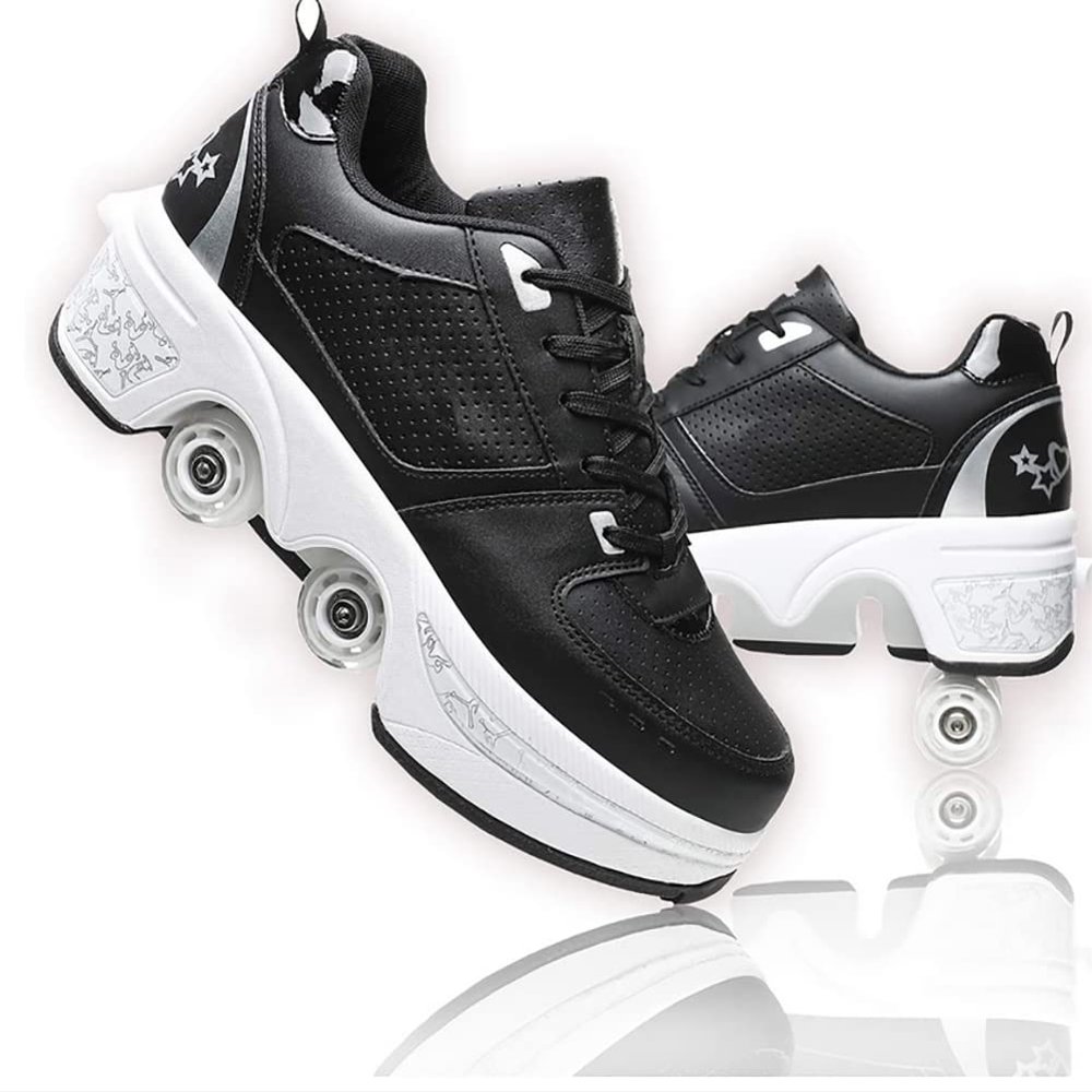 Deformation Roller Shoes Male and Female Skating Shoes Quad Roller Skates Kick Rollers Shoes Retractable Adults/Kids,Invisible Pulley Shoes Skates with Double-Row Outdoor Sneakers Black Silver