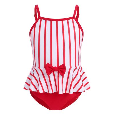 ABOCIW Girls One Pieces Swimsuits Adjustable Strap Ruffle Hem Striped Bathing Suit Hawaiian Beach Swimwear Red Striped 4-5 Years