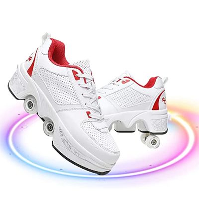 Deformation Roller Shoes Male and Female Skating Shoes Quad Roller Skates Kick Rollers Shoes Retractable Adults/Kids,Invisible Pulley Shoes Skates with Double-Row Outdoor Sneakers