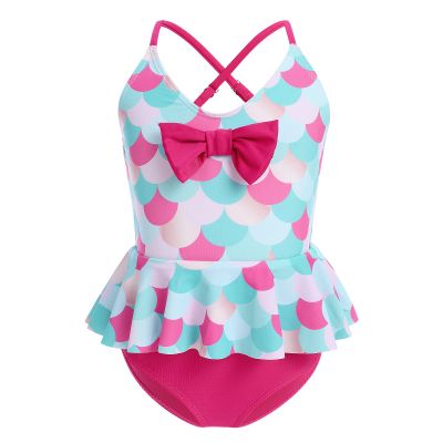 Kid Girl's Mermaid Princess One Pieces Swimsuits Adjustable Cross Straps Bowknot Ruffle Hem Bathing Suit Quick Dry Summer Hawaiian Beach Swimwear Fish Scales 7-8 Years