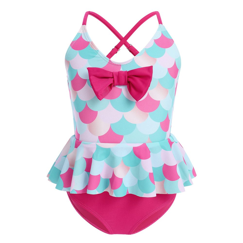 Kid Girl's Mermaid Princess One Pieces Swimsuits Adjustable Cross Straps Bowknot Ruffle Hem Bathing Suit Quick Dry Summer Hawaiian Beach Swimwear Fish Scales 7-8 Years