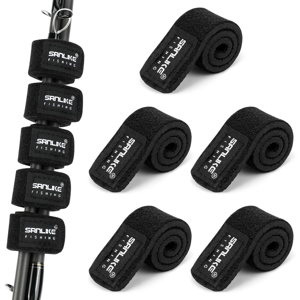 SAN LIKE 5pcs Fishing Rod Straps - 15cm Black Stretchy Tackle Holders for Casting Spinning and Fly Rods - Organize and Protect