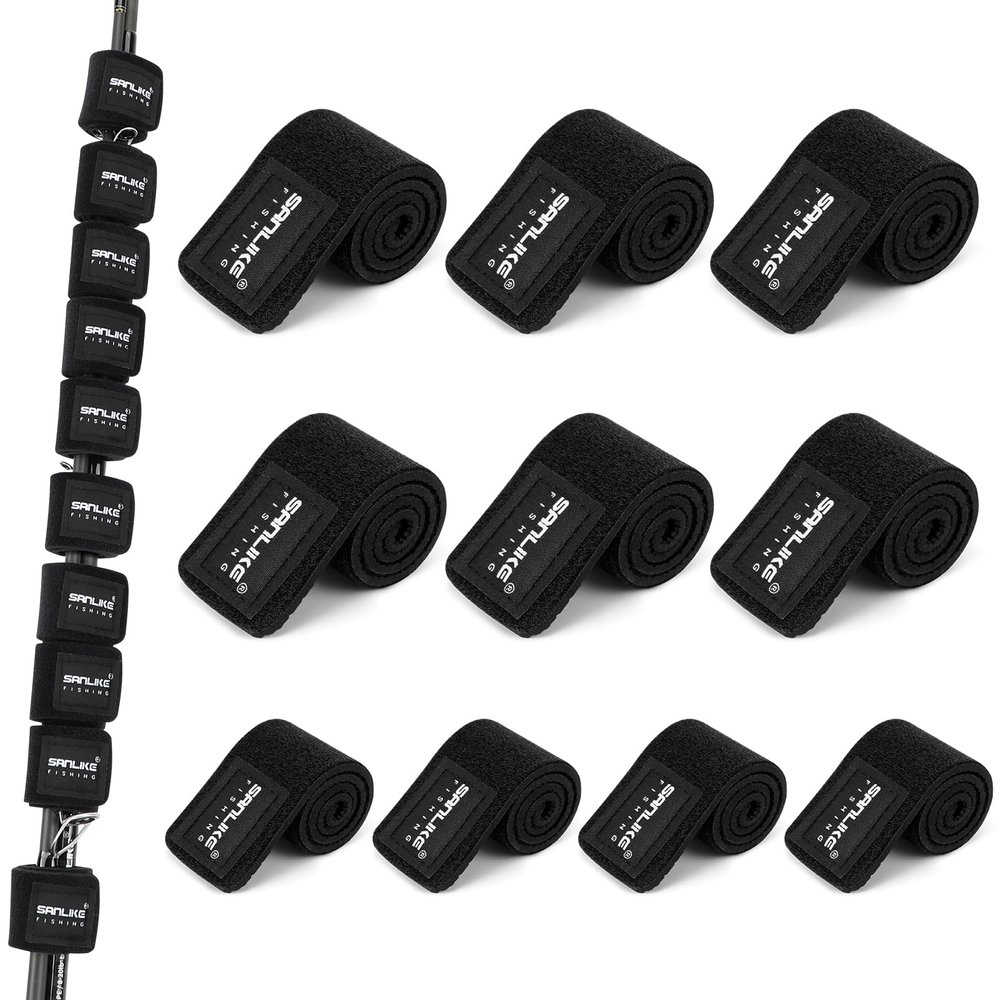 SAN LIKE 10pcs Fishing Rod Straps - 24cm Black Stretchy Tackle Holders for Casting Spinning and Fly Rods - Organize and Protect