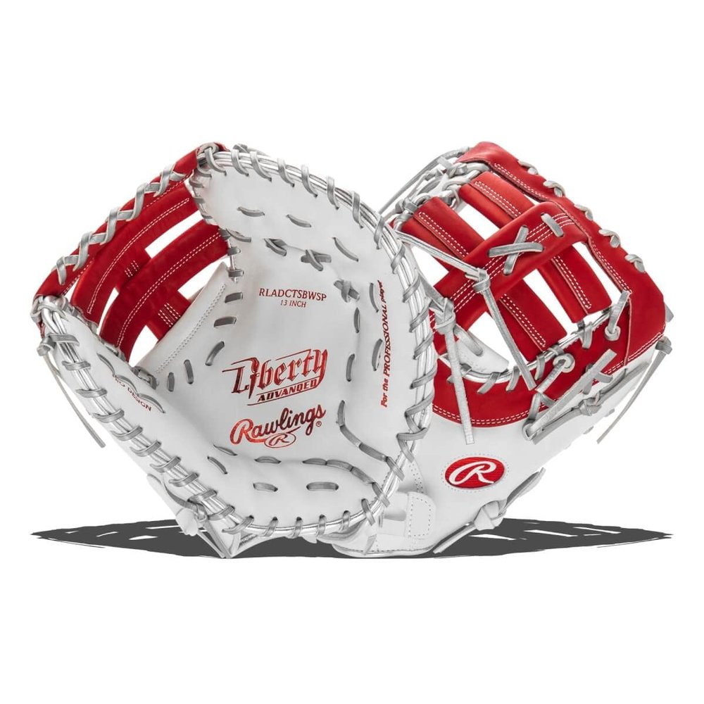 Rawlings | LIERTY ADVANCED Color Series Fastpitch Softball First Base Mitt | Right Hand Throw | 13' Single Post Double Bar Web | White/Scarlet/Platinum