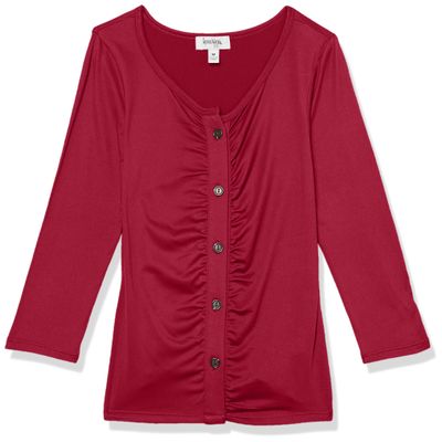 Speechless Girls' Long Sleeve Ruched Button Up Top, Burgundy, Small