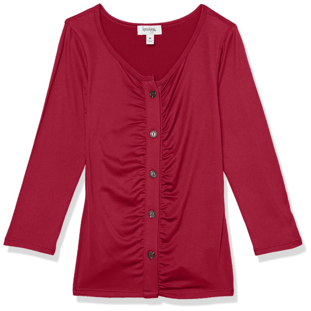 Speechless Girls' Long Sleeve Ruched Button Up Top, Burgundy, Small