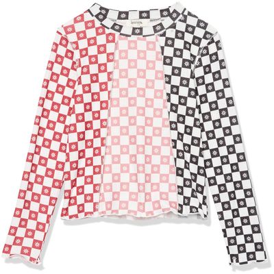 Speechless Girls' Long Sleeve Checkered Colorblock Top, Burgundy/Black, Small