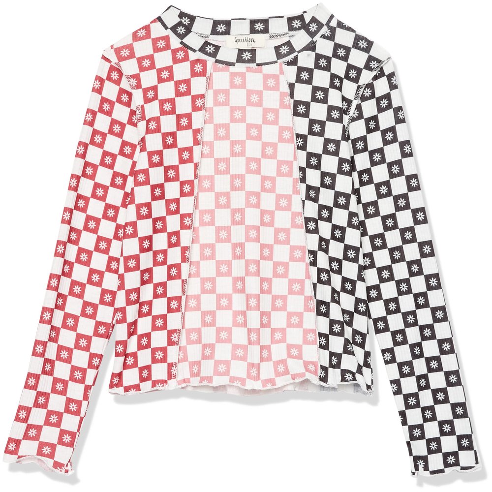 Speechless Girls' Long Sleeve Checkered Colorblock Top, Burgundy/Black, Small