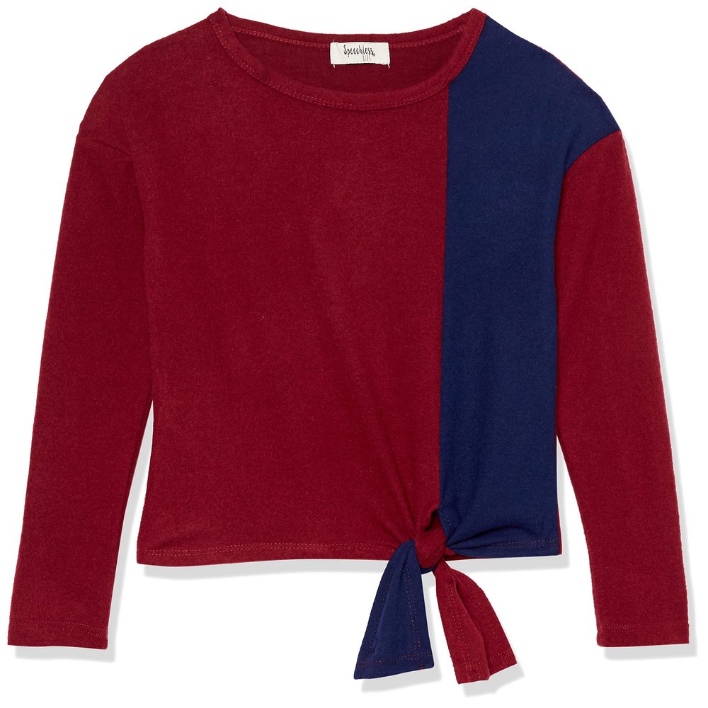Speechless Girls' Long Sleeve Colorblock Tie Front Top, Black/Navy, Large