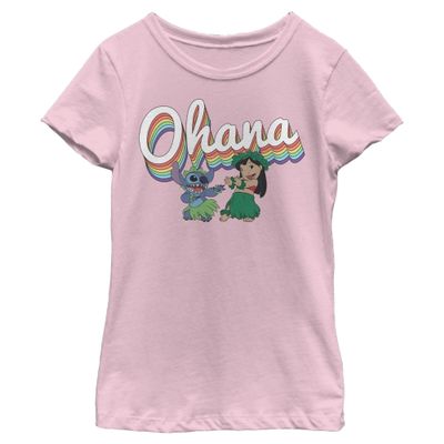 Disney girls Disney Lilo & Stitch Rainbow Ohana Short Sleeve Tee T Shirt, Light Pink, X-Small US