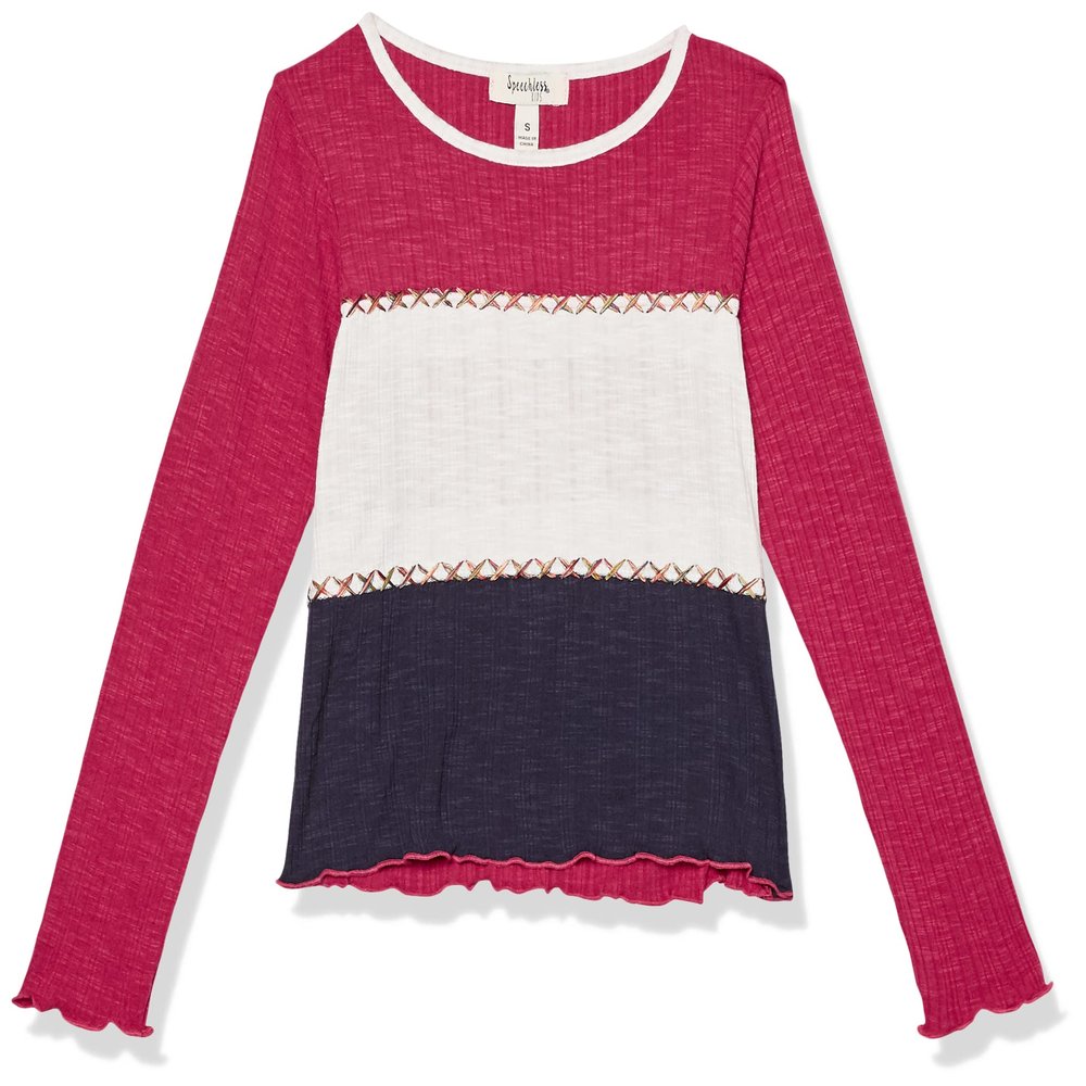 Speechless Girls' Long Sleeve Knit Rib Top, Red/Navy/OffWhite, X-Large