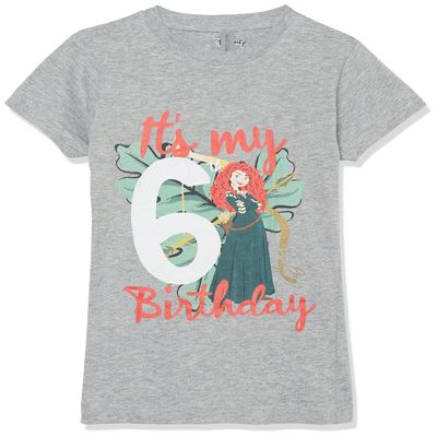 Disney Girl's Merida Sixth Birthday T-Shirt, Athletic Heather, Large