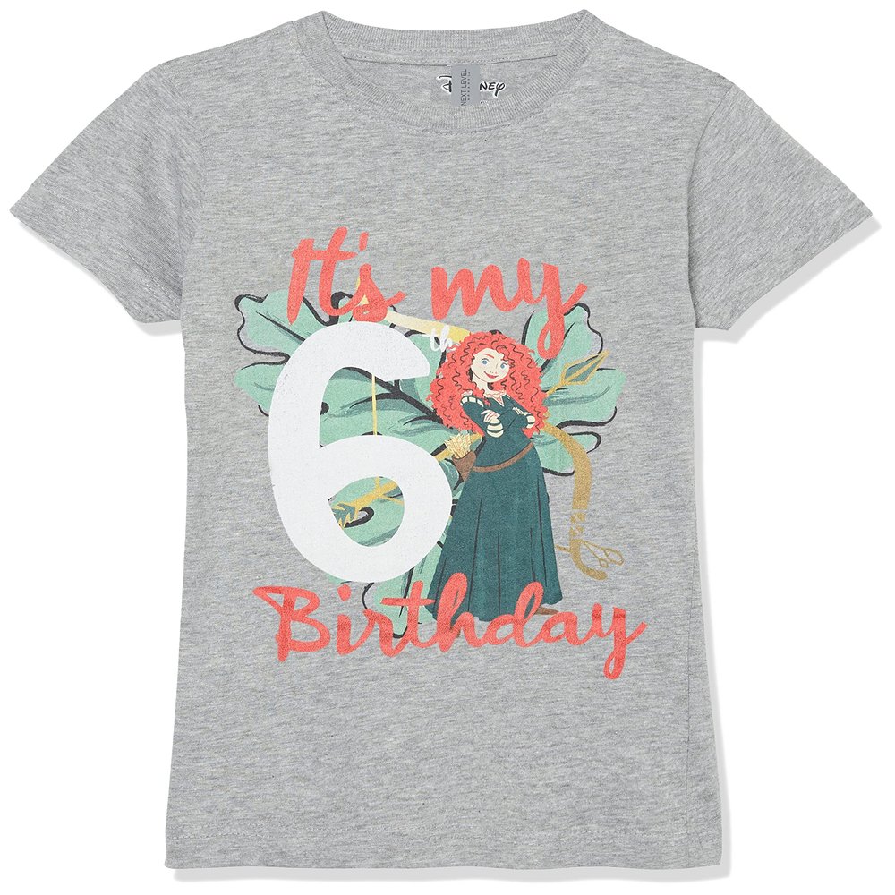 Disney Girl's Merida Sixth Birthday T-Shirt, Athletic Heather, Large