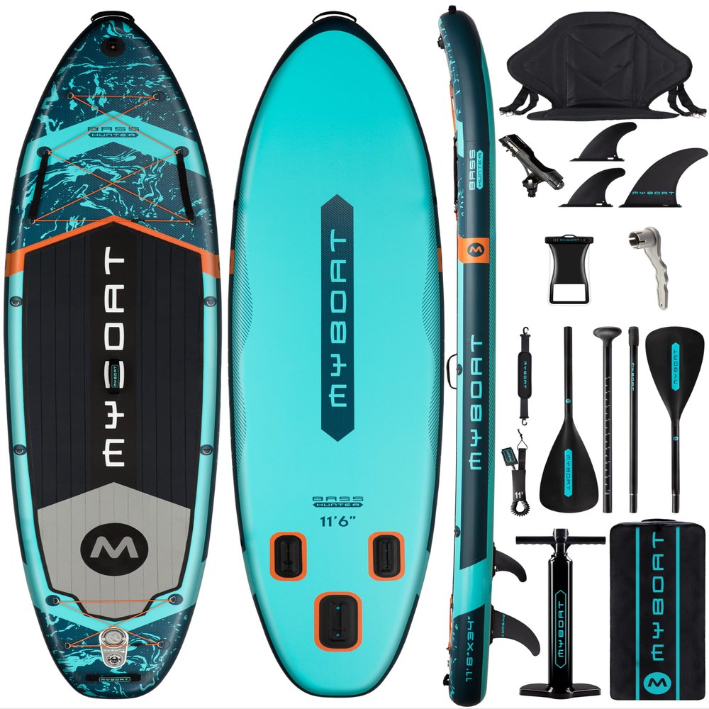 MYBOAT 11'6"34"6" Extra Wide Inflatable Paddle Board for Fishing, Stand Up Paddle Board, Sup Board with Fishing Rod Holder, Kayak Seat, 3 Removable Fins, Hand Pump, Strong Paddle, Camera Mount