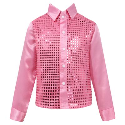 Agoky Kids Boys Glittery Sequined Shirt Vest Jacket Shiny Waistcoat for Prom Dance Stage Performance Pink Shirt 8-10