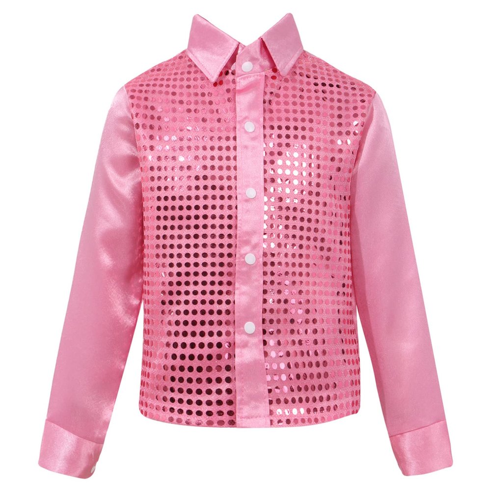Agoky Kids Boys Glittery Sequined Shirt Vest Jacket Shiny Waistcoat for Prom Dance Stage Performance Pink Shirt 8-10