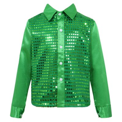 Agoky Kids Boys Glittery Sequined Shirt Vest Jacket Shiny Waistcoat for Prom Dance Stage Performance Green Shirt 4-5