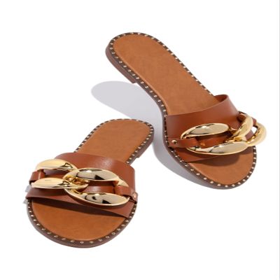 pearl&she Women's Leather Flat Slippers Metallic Link Chains Slip On Summer Indoor and Outdoor Slide Sandals(A Middle coffee 40)