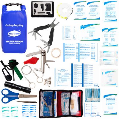 WELL-STRONG Boat First Aid Kit with Survival Tools, 123pcs Waterproof Emergency Marine Kit with Buckles, Compact Boat Safety Accessories for Fishing Kayaking Boating Camping Rafting Beach Blue