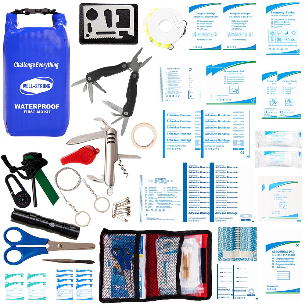 WELL-STRONG Boat First Aid Kit with Survival Tools, 123pcs Waterproof Emergency Marine Kit with Buckles, Compact Boat Safety Accessories for Fishing Kayaking Boating Camping Rafting Beach Blue