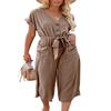 NOMSOCR Women's Casual V Neck Lace-up Pocket Jumpsuits Loose Button Jumpsuit with Sleeves (Khaki, L) view 1